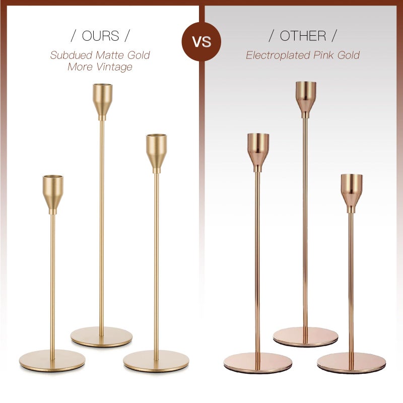 Candeldo Gold Taper Candle Holders: Set of 3 Tall Candlestick Holder for Table Centerpiece Metal Brass Candles Stick Holders Candle Stand Brushed Wedding Decor - Image 3